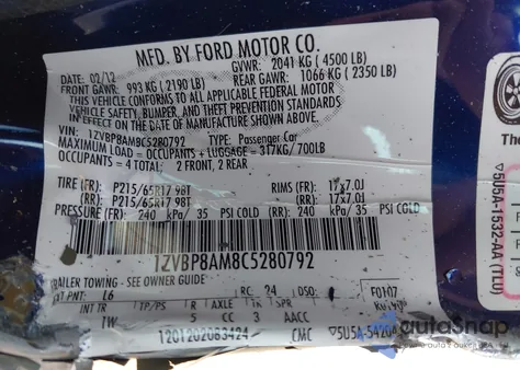 2012 Ford Mustang V6 z USA, uszkodzony, nr VIN 1ZVBP8AM8C5280792